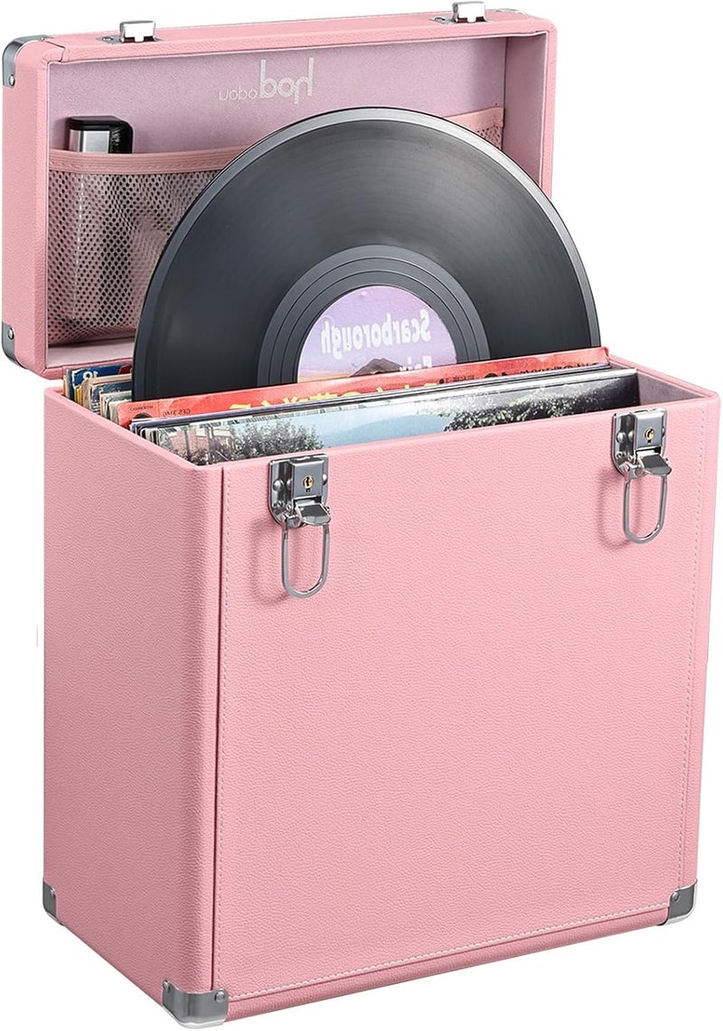 Hododou Vinyl Record Storage Box with Lock Record Organizer Storage for 30+ Single Records 12-inch Water Resistant Collapsible Storage Crate with Handle Mesh Pouch for Valuable Album Collection Pink - Image 1